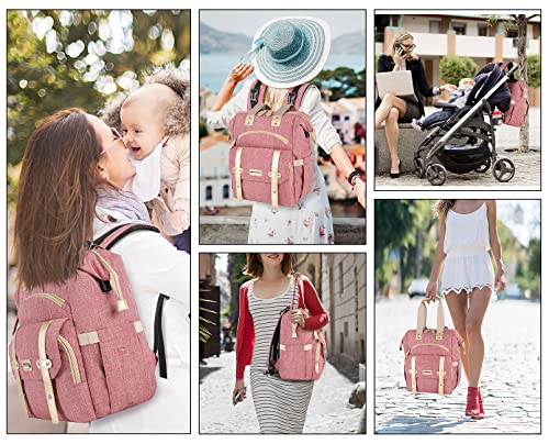 Jiefeike Diaper Bag Backpack,Baby Boys Girls Travel Backpack Diaper Bag for Dad Mom,Insulated Pockets Portable Pink Baby Nappy Bags with USB Charging Port,RFID Anti-Theft Pocket Stroller Straps