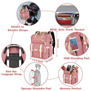 Jiefeike Diaper Bag Backpack,Baby Boys Girls Travel Backpack Diaper Bag for Dad Mom,Insulated Pockets Portable Pink Baby Nappy Bags with USB Charging Port,RFID Anti-Theft Pocket Stroller Straps