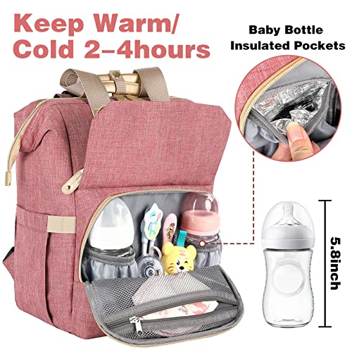 Jiefeike Diaper Bag Backpack,Baby Boys Girls Travel Backpack Diaper Bag for Dad Mom,Insulated Pockets Portable Pink Baby Nappy Bags with USB Charging Port,RFID Anti-Theft Pocket Stroller Straps