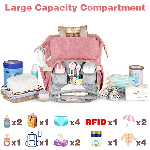 Jiefeike Diaper Bag Backpack,Baby Boys Girls Travel Backpack Diaper Bag for Dad Mom,Insulated Pockets Portable Pink Baby Nappy Bags with USB Charging Port,RFID Anti-Theft Pocket Stroller Straps