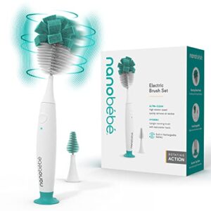 nanobebe e-brush baby bottle cleaner - electric bottle cleaning brush, baby accessories, and sippy cups - rechargeable, includes replaceable brush head