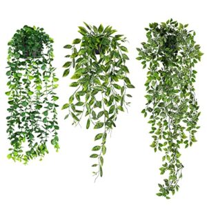 wxboom 3 pack artificial hanging plants fake potted greenery eucalyptus ,faux mandala vine in pot for home room indoor outdoor shelf decor