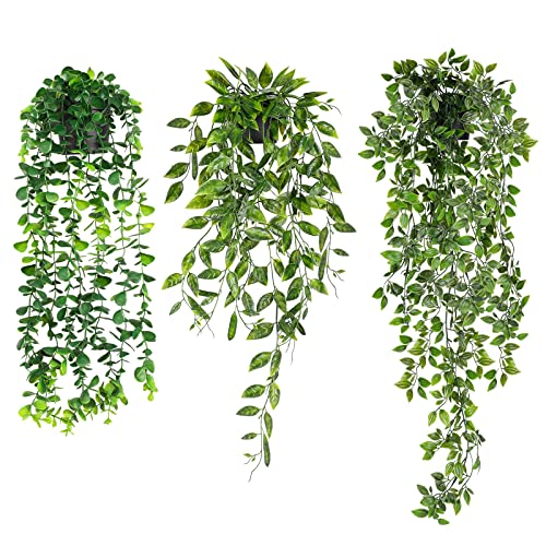 WXBOOM 3 Pack Artificial Hanging Plants Fake Potted Greenery Eucalyptus ,Faux Mandala Vine in Pot for Home Room Indoor Outdoor Shelf Decor