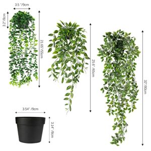 WXBOOM 3 Pack Artificial Hanging Plants Fake Potted Greenery Eucalyptus ,Faux Mandala Vine in Pot for Home Room Indoor Outdoor Shelf Decor