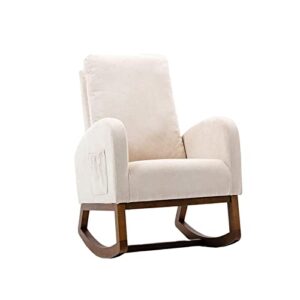 nursery rocking chair,upholstered fabric accent armchair,wooden padded seat with 2-side pocket,nursing chair with rubber wood legs,glider chair for nursery,living room,home office (beige)