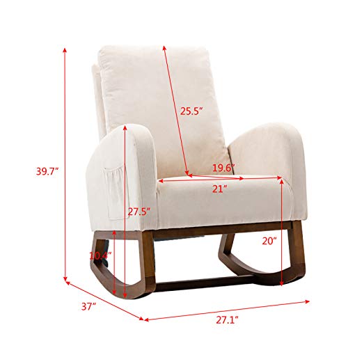 Nursery Rocking Chair,Upholstered Fabric Accent Armchair,Wooden Padded Seat with 2-Side Pocket,Nursing Chair with Rubber Wood Legs,Glider Chair for Nursery,Living Room,Home Office (Beige)