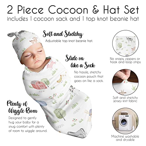 Sweet Jojo Designs Farm Animals Boy Girl Cocoon and Beanie Hat Set Jersey Stretch Knit Sleeping Bag for Infant Newborn Nursery Sleep Wrap Sack - Watercolor Farmhouse Horse Cow Sheep Pig Gender Neutral