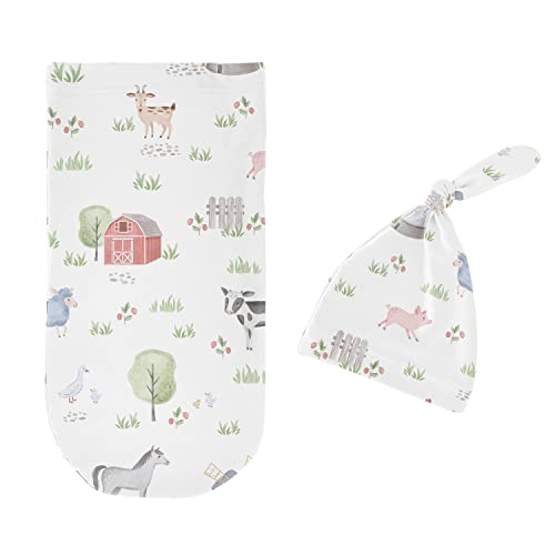 Sweet Jojo Designs Farm Animals Boy Girl Cocoon and Beanie Hat Set Jersey Stretch Knit Sleeping Bag for Infant Newborn Nursery Sleep Wrap Sack - Watercolor Farmhouse Horse Cow Sheep Pig Gender Neutral