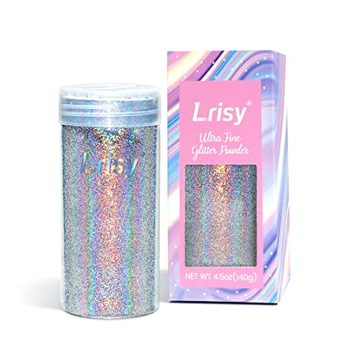 Lrisy Holographic Extra Fine Glitter Powder with Shaker Lid, Craft Glitter Sequins for Epoxy Resin, Slime,Tumblers,Nail&Painting Arts 140g/4.5oz (Ultra Thin Holographic Silver)