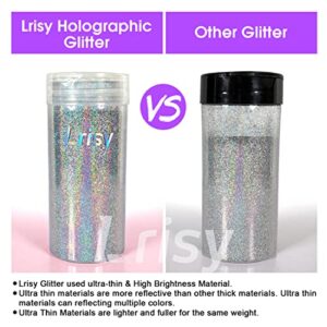 Lrisy Holographic Extra Fine Glitter Powder with Shaker Lid, Craft Glitter Sequins for Epoxy Resin, Slime,Tumblers,Nail&Painting Arts 140g/4.5oz (Ultra Thin Holographic Silver)