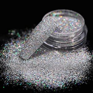 holographic nail glitter, sparkling diamond nail powder laser silver reflective extra fine nail glitter dust for acrylic nail art decorations
