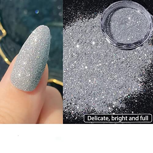 Holographic Nail Glitter, Sparkling Diamond Nail Powder Laser Silver Reflective Extra Fine Nail Glitter Dust for Acrylic Nail Art Decorations