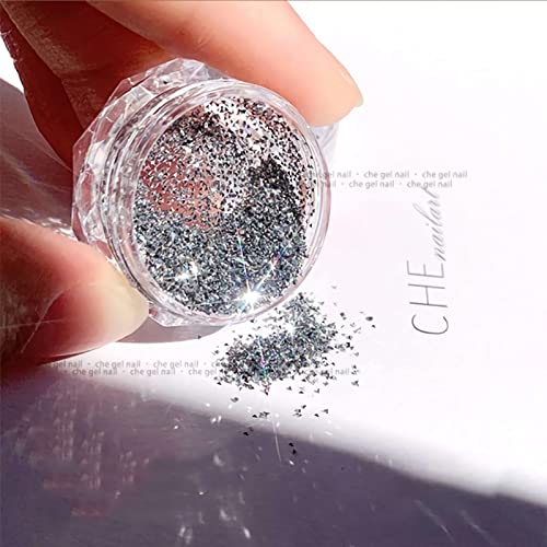 Holographic Nail Glitter, Sparkling Diamond Nail Powder Laser Silver Reflective Extra Fine Nail Glitter Dust for Acrylic Nail Art Decorations