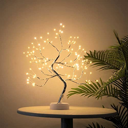 Bonsai Tree Light Silver Matte 20 Inches Artificial Tabletop Fairy Light Tree Lamp,Eight Lighting Modes,USB or Battery Operated with Timer,Decor of Bedroom,Living Room,Christmas (Warm White)