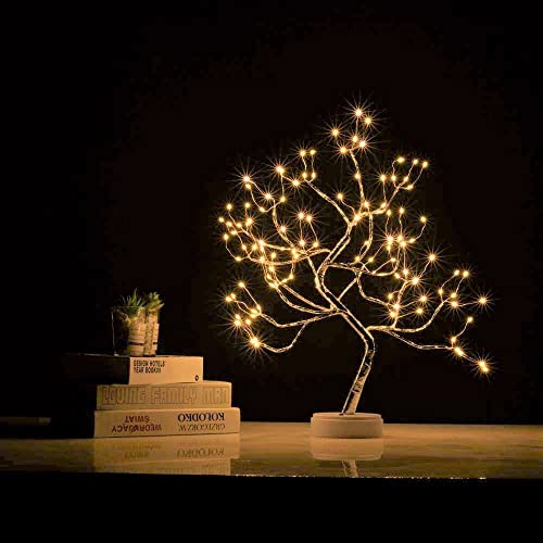 Bonsai Tree Light Silver Matte 20 Inches Artificial Tabletop Fairy Light Tree Lamp,Eight Lighting Modes,USB or Battery Operated with Timer,Decor of Bedroom,Living Room,Christmas (Warm White)