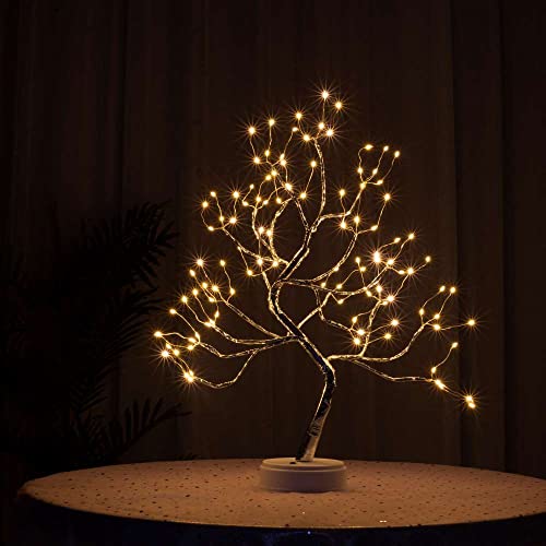 Bonsai Tree Light Silver Matte 20 Inches Artificial Tabletop Fairy Light Tree Lamp,Eight Lighting Modes,USB or Battery Operated with Timer,Decor of Bedroom,Living Room,Christmas (Warm White)