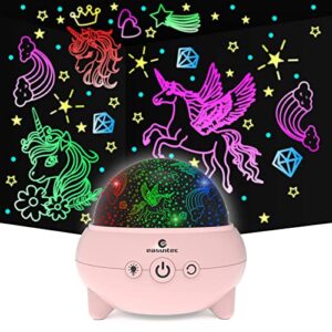 easuntec unicorns gifts for girls,unicorn toys,3 6 7 8 9 year old girl gifts,unicorn star projector night lights for kids room,360 degree rotating 9 colorful lights adjustable brightness (pink)