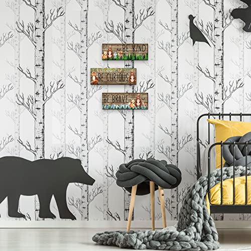 3 Pcs Woodland Nursery Decor Safari Nursery Woodland Animals Themed Painting Wooden Be Kind Brave Curious Sign Framed Wall Art Forest Nursery Decor Inspirational Pictures for Baby Bedroom, 11 x 4 Inch