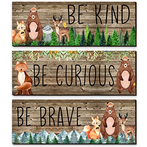 3 Pcs Woodland Nursery Decor Safari Nursery Woodland Animals Themed Painting Wooden Be Kind Brave Curious Sign Framed Wall Art Forest Nursery Decor Inspirational Pictures for Baby Bedroom, 11 x 4 Inch