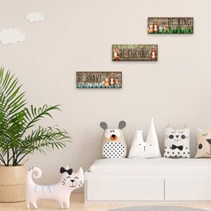 3 Pcs Woodland Nursery Decor Safari Nursery Woodland Animals Themed Painting Wooden Be Kind Brave Curious Sign Framed Wall Art Forest Nursery Decor Inspirational Pictures for Baby Bedroom, 11 x 4 Inch