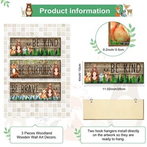 3 Pcs Woodland Nursery Decor Safari Nursery Woodland Animals Themed Painting Wooden Be Kind Brave Curious Sign Framed Wall Art Forest Nursery Decor Inspirational Pictures for Baby Bedroom, 11 x 4 Inch