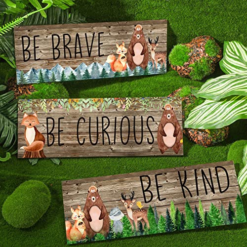 3 Pcs Woodland Nursery Decor Safari Nursery Woodland Animals Themed Painting Wooden Be Kind Brave Curious Sign Framed Wall Art Forest Nursery Decor Inspirational Pictures for Baby Bedroom, 11 x 4 Inch