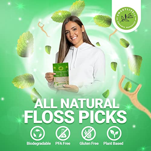 Unflavored Dental Floss Picks - Biodegradable Plastic Free Tooth Flosser for Adults & Kids | Unwaxed Eco Friendly Thin Thread | Zero Waste Toothpick Stick Soft On Gum & Teeth | Natural Organic Vegan