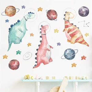 rofarso colorful cute cartoon dinosaur astronaut wall stickers for kids removable outer space wall decals diy peel and stick decorations for nursery baby boys bedroom playroom living room