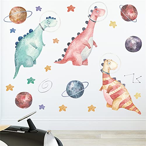 ROFARSO Colorful Cute Cartoon Dinosaur Astronaut Wall Stickers for Kids Removable Outer Space Wall Decals DIY Peel and Stick Decorations for Nursery Baby Boys Bedroom Playroom Living Room