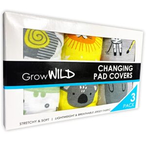 GROW WILD Changing Pad Cover 3 Pack | Soft & Stretchy Jersey Cotton | Baby Changing Table Pad Cover | Diaper Changing Pad Covers for Girls or Boys | Wipeable Sheets | Grey White Yellow Safari Animals