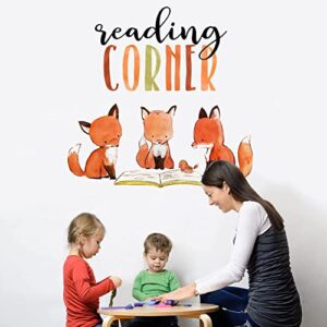 Mfault Foxes Reading Corner Baby Boys Girls Wall Decals Stickers, Removable Woodland Animals Read Books Nursery Playroom Decorations Bedroom Classroom Art, Bird Kids Library Toddler Room Decor