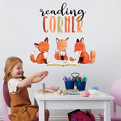 Mfault Foxes Reading Corner Baby Boys Girls Wall Decals Stickers, Removable Woodland Animals Read Books Nursery Playroom Decorations Bedroom Classroom Art, Bird Kids Library Toddler Room Decor