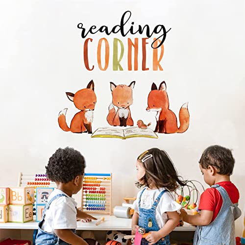 Mfault Foxes Reading Corner Baby Boys Girls Wall Decals Stickers, Removable Woodland Animals Read Books Nursery Playroom Decorations Bedroom Classroom Art, Bird Kids Library Toddler Room Decor