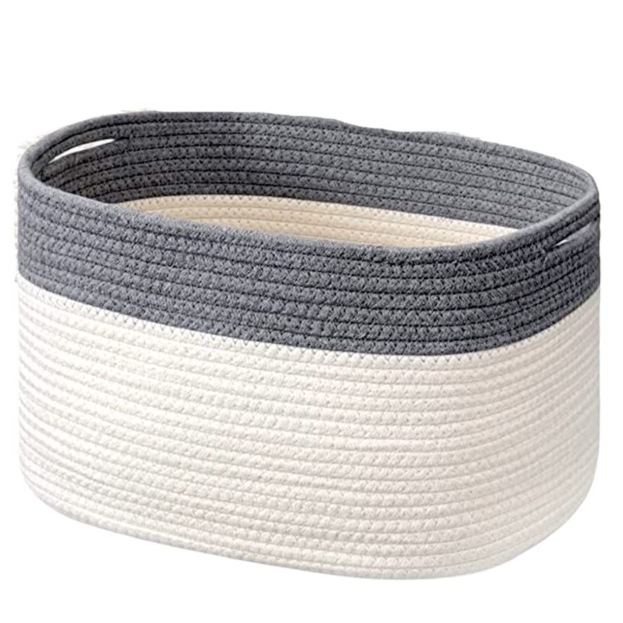 RoomForLife - Oval Cotton Rope Basket - 18 Inch Diameter - Gray/White Color - Open Top Storage