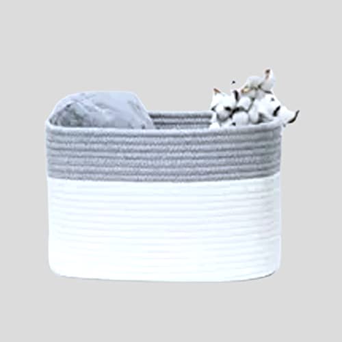 RoomForLife - Oval Cotton Rope Basket - 18 Inch Diameter - Gray/White Color - Open Top Storage