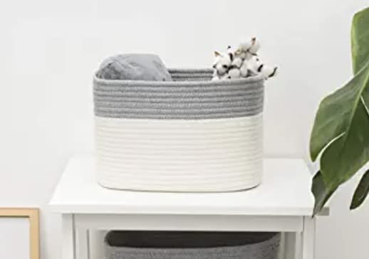 RoomForLife - Oval Cotton Rope Basket - 18 Inch Diameter - Gray/White Color - Open Top Storage