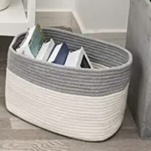 RoomForLife - Oval Cotton Rope Basket - 18 Inch Diameter - Gray/White Color - Open Top Storage