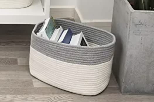 RoomForLife - Oval Cotton Rope Basket - 18 Inch Diameter - Gray/White Color - Open Top Storage