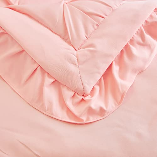 4 Pieces Pinch Pleated Toddler Bedding Set with Ruffle Fringe, Solid Color Pink Unisex Pintuck Toddler Sheet Sets for Baby Girls, Includes Comforter, Flat Sheet, Fitted Sheet and Pillowcase