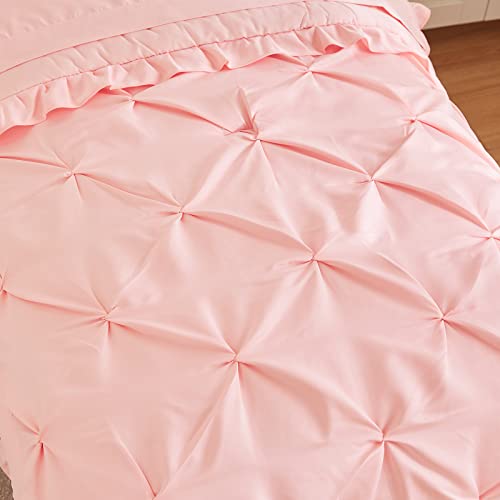 4 Pieces Pinch Pleated Toddler Bedding Set with Ruffle Fringe, Solid Color Pink Unisex Pintuck Toddler Sheet Sets for Baby Girls, Includes Comforter, Flat Sheet, Fitted Sheet and Pillowcase
