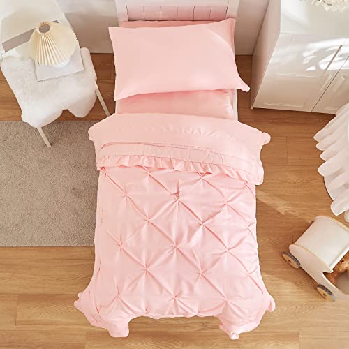 4 Pieces Pinch Pleated Toddler Bedding Set with Ruffle Fringe, Solid Color Pink Unisex Pintuck Toddler Sheet Sets for Baby Girls, Includes Comforter, Flat Sheet, Fitted Sheet and Pillowcase