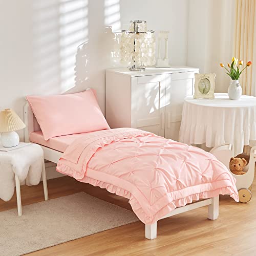 4 Pieces Pinch Pleated Toddler Bedding Set with Ruffle Fringe, Solid Color Pink Unisex Pintuck Toddler Sheet Sets for Baby Girls, Includes Comforter, Flat Sheet, Fitted Sheet and Pillowcase