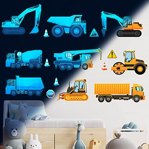 Construction Wall Decals Glow in The Dark Wall Stickers City Vehicles Car Wall Decal Luminous Truck Excavator Tractor Decals Transportation Sticker Boys Kids Bedroom Playroom Nursery Ceiling Decor