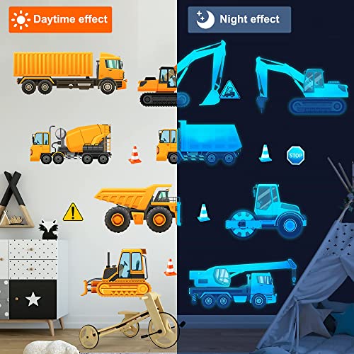 Construction Wall Decals Glow in The Dark Wall Stickers City Vehicles Car Wall Decal Luminous Truck Excavator Tractor Decals Transportation Sticker Boys Kids Bedroom Playroom Nursery Ceiling Decor