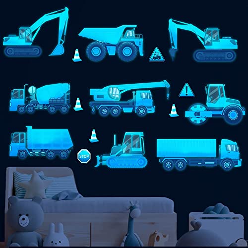 Construction Wall Decals Glow in The Dark Wall Stickers City Vehicles Car Wall Decal Luminous Truck Excavator Tractor Decals Transportation Sticker Boys Kids Bedroom Playroom Nursery Ceiling Decor