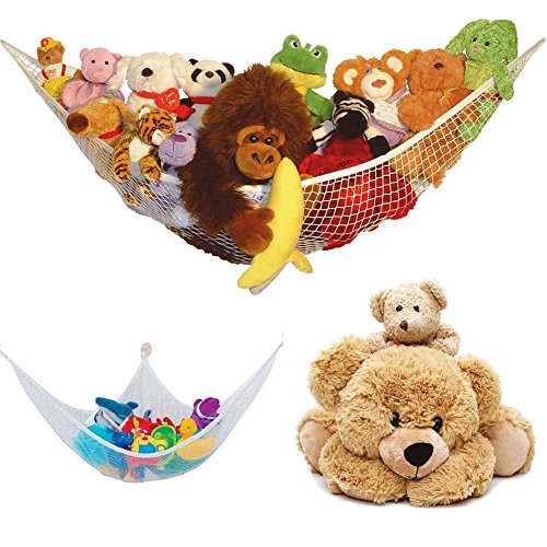 Yuhoo Toy Hammock, Stuffed Animal Storage Hammock, Stuffed Animal Net with Hanging Hooks, Plush Toy Hanging Organizer, Fordable Corner Sling Organizer for Playroom Bedroom Bathroom(White)