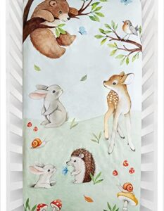 rookie humans 100% cotton sateen fitted crib sheet: enchanted forest. modern nursery, use as a photo background for your baby pictures. standard crib size (52 x 28 inches) woodland theme