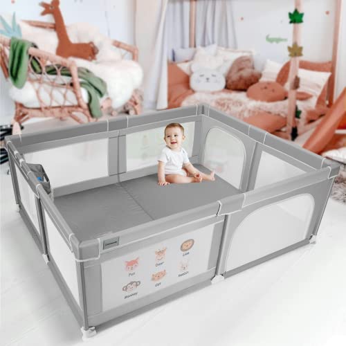 Cowiewie Baby Playpen 76.77x 61.02x26.77 inch Extra Large Playpen with Hanging Basket, Safety Gate Playpen with Breathable Mesh and Prints, Kids Activity Center, Playpen for Babies and Toddlers