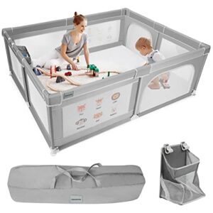 cowiewie baby playpen 76.77x 61.02x26.77 inch extra large playpen with hanging basket, safety gate playpen with breathable mesh and prints, kids activity center, playpen for babies and toddlers