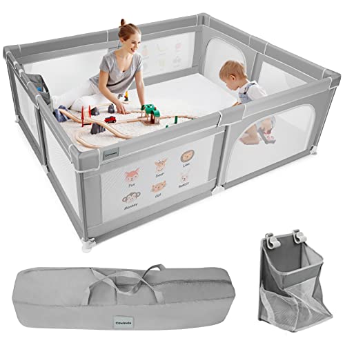 Cowiewie Baby Playpen 76.77x 61.02x26.77 inch Extra Large Playpen with Hanging Basket, Safety Gate Playpen with Breathable Mesh and Prints, Kids Activity Center, Playpen for Babies and Toddlers